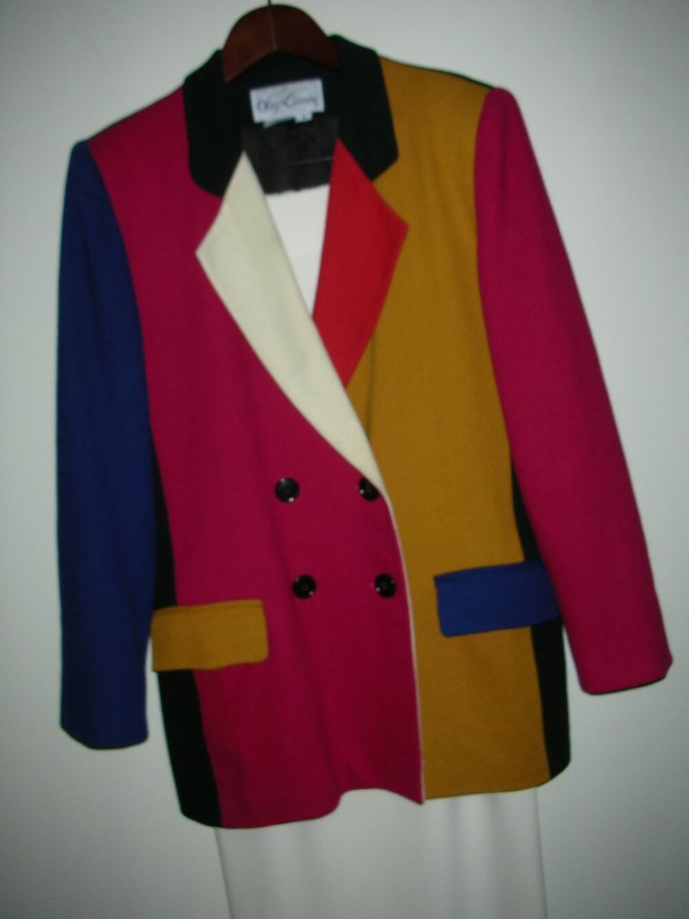 Vtg Oleg Cassini Wool Color Block 80s/90s Jacket Sz 8 & Cream Maxi Skirt w/slit